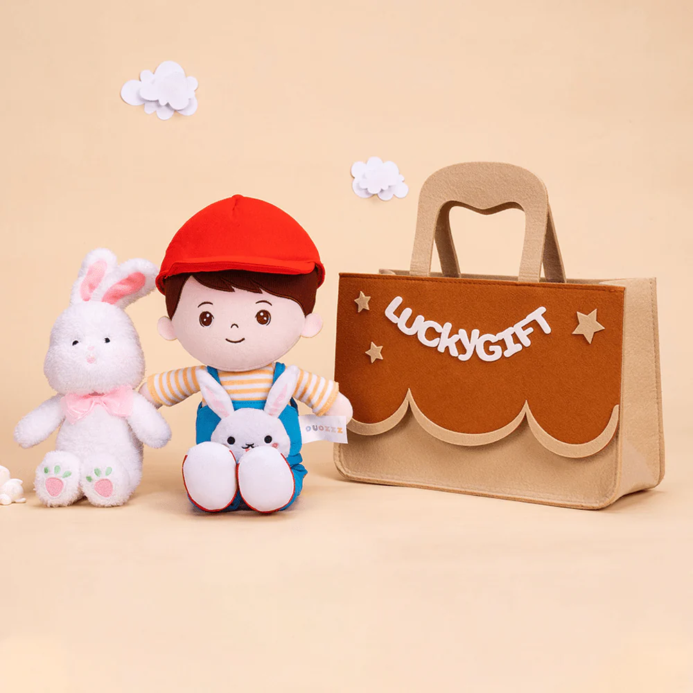 Easter Gift Set: Plush Rabbit Doll + Baby Bunny Doll + Cloth Basket