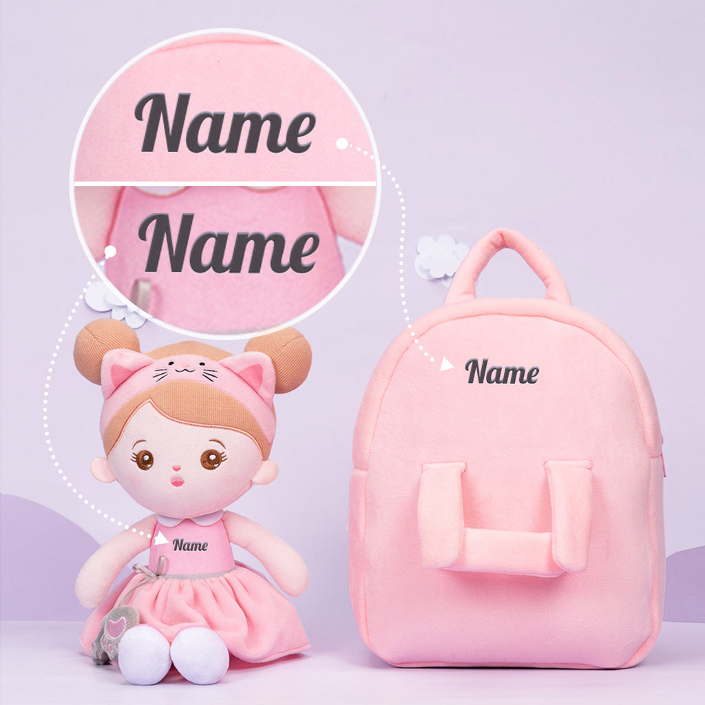 Personalized Pink Cat Plush Baby Girl Doll