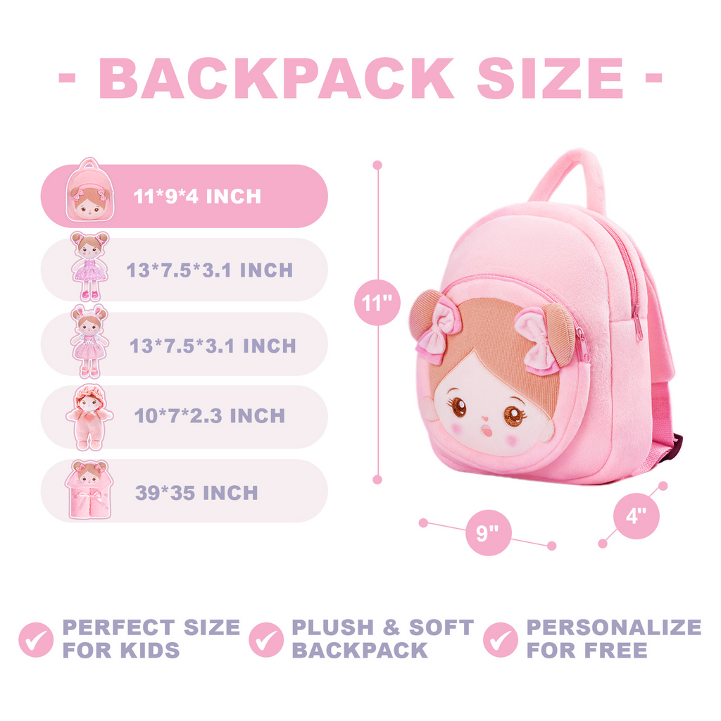 Personalized Pink Cat Plush Baby Girl Doll + Backpack