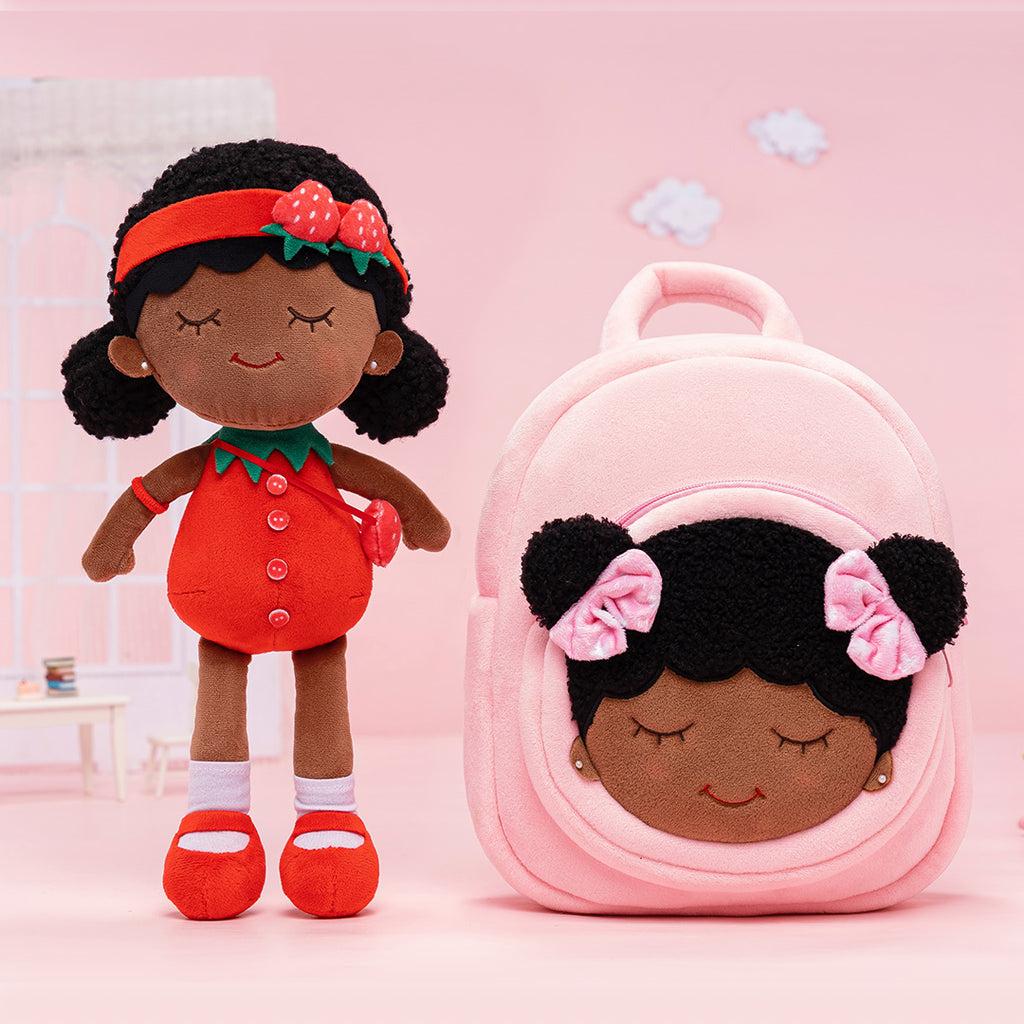 Personalized Red Deep Skin Tone Plush Dora Doll + Backpack