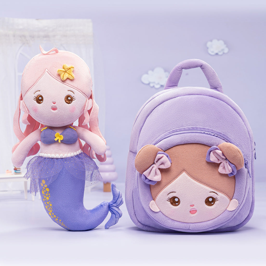Personalized Purple Mermaid Girl Doll + Backpack