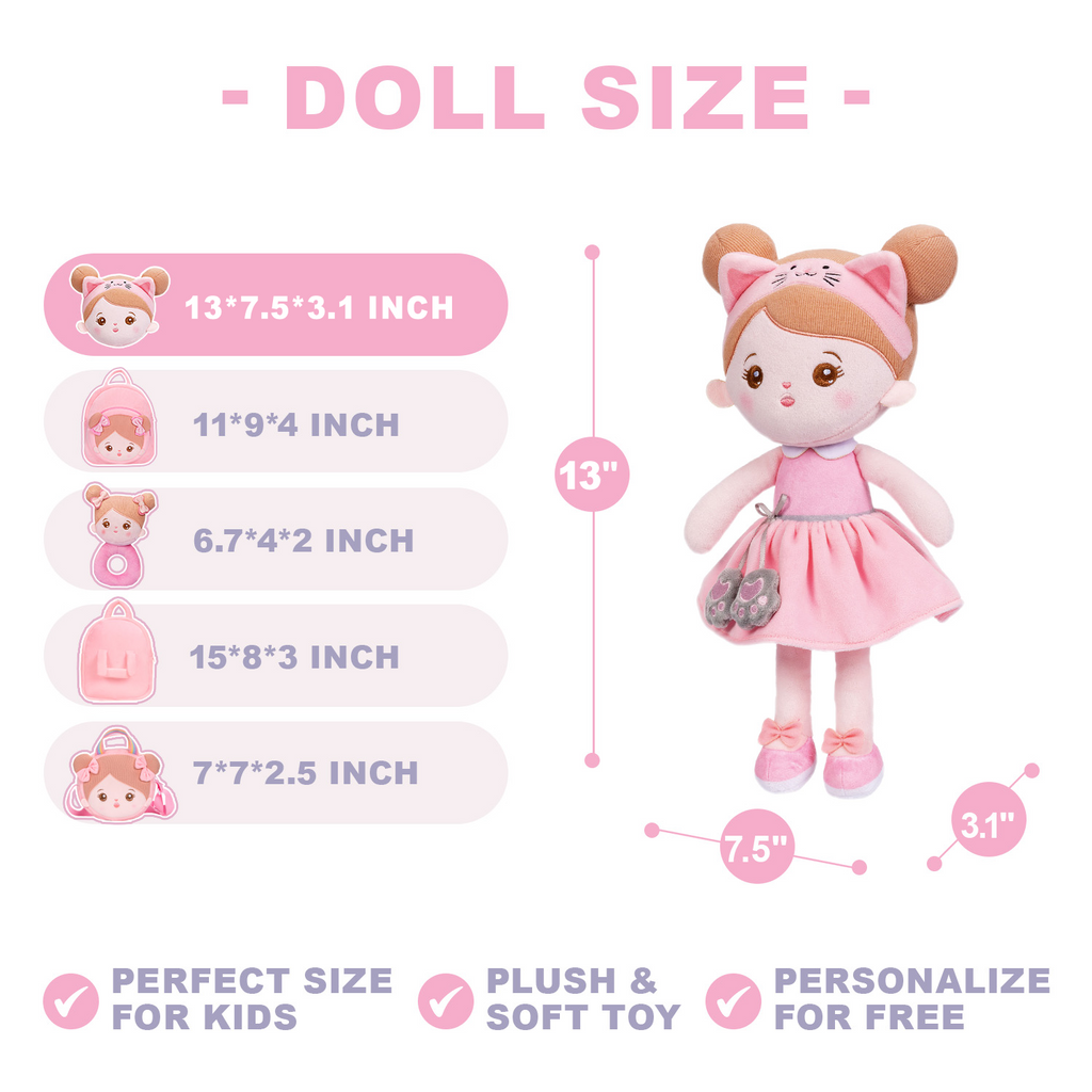 Personalized Pink Cat Plush Baby Girl Doll + Backpack