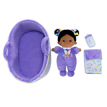 Load image into Gallery viewer, Personalized Purple Deep Skin Tone Mini Plush Baby Doll &amp; Gift Set