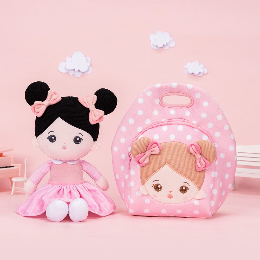 OUOZZZ Personalized Pink Black Hair Baby Doll With Lunch Bag🍱