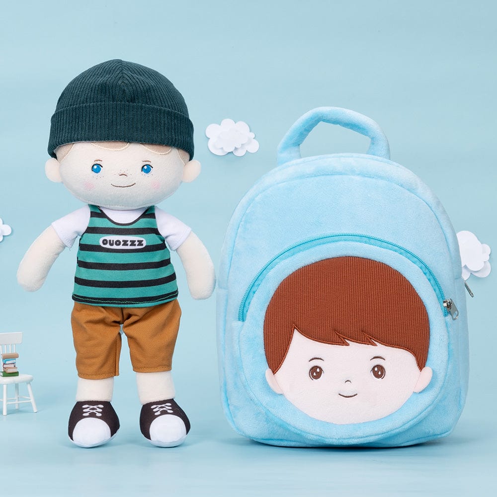 Personalized Blue Plush Baby Boy Backpack With Striped Boy