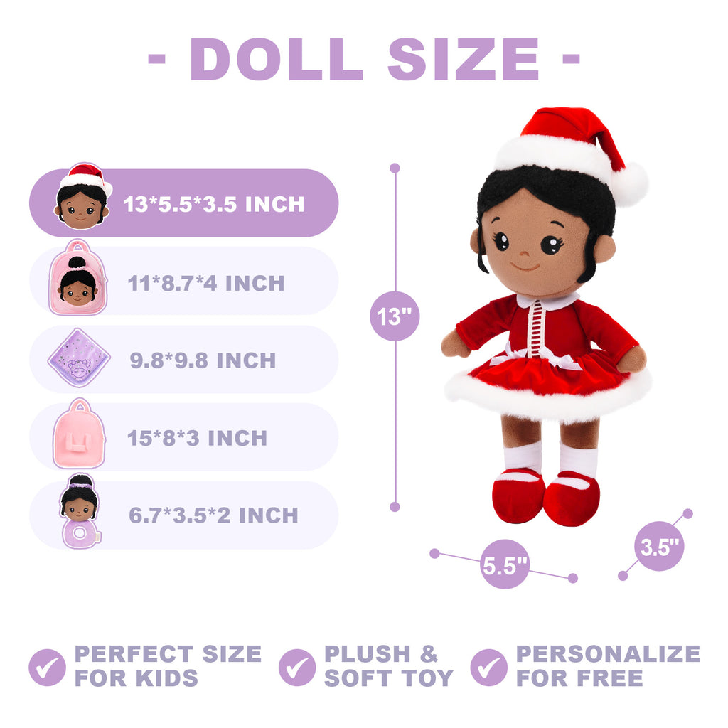 Muñeca de niña de peluche de Navidad roja con tono de piel profunda personalizada