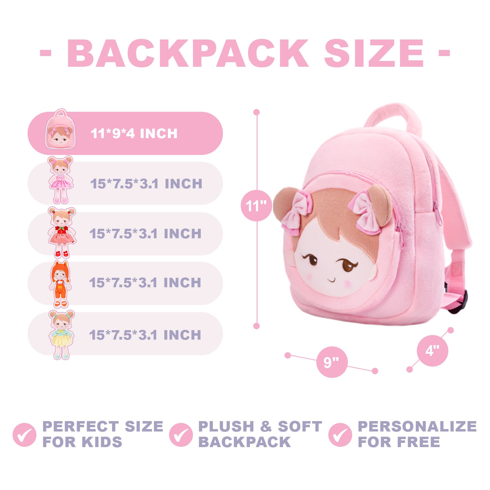 mochila suave para niñas pequeñas, personalizada para bebés de 1, 2 y 3  años, muñeca rosa para dormir con mochila escolar
