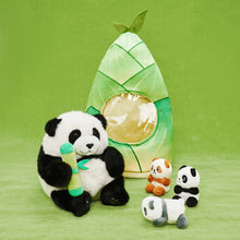 Indlæs billede til gallerivisning Plush Stuffed Panda Mommy with 3 Babies in Bamboo Bag Set