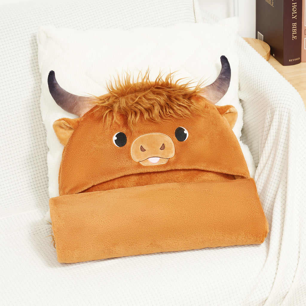 Scottish Highland Cow Cattle Wearable Hooded Blanket for Kid