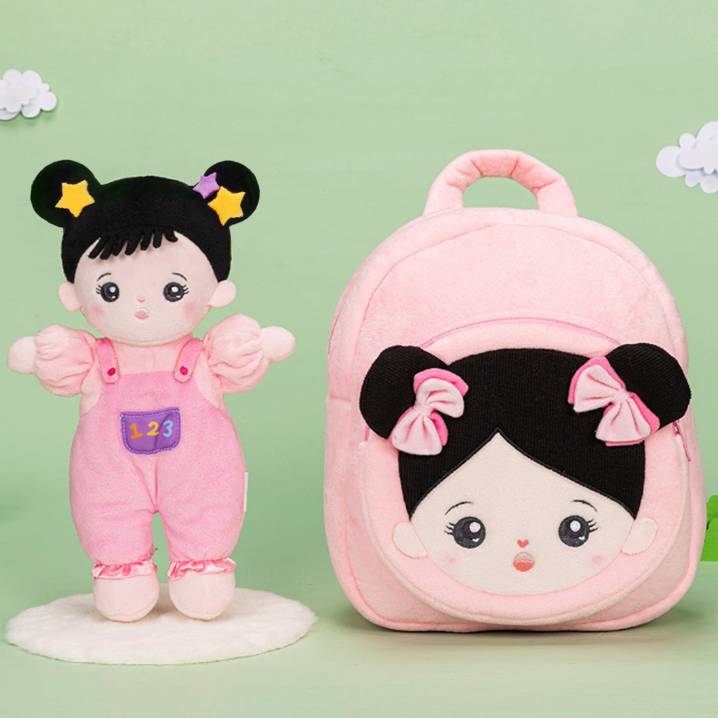 Bambola di peluche personalizzata da 27 cm + bambola o zaino da 38 cm opzionale