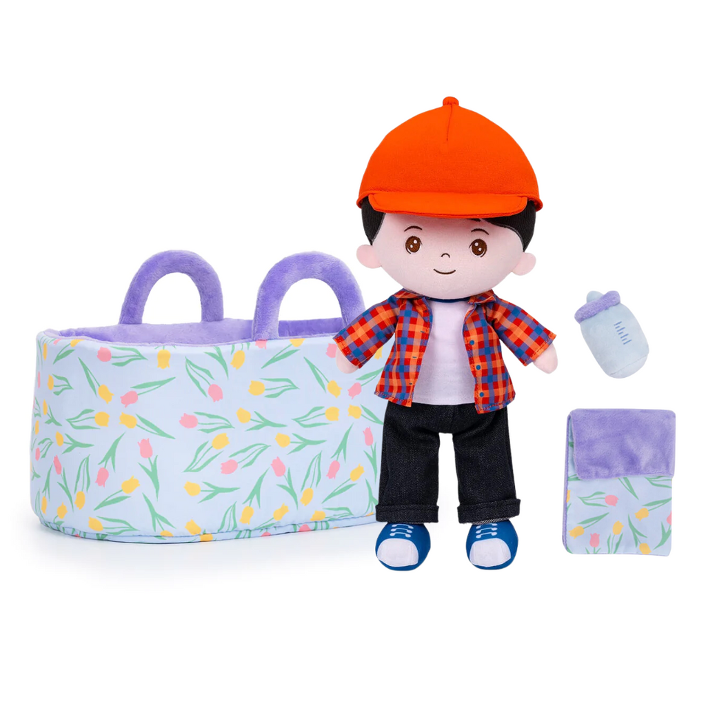 Personalized Black Hair Boy Doll + Cloth Basket Gift Set