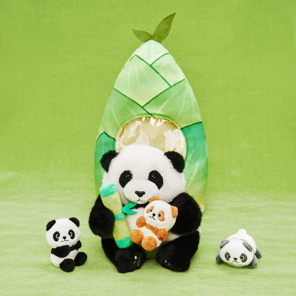 Panda Mommy Plush Stuffed Animal with 3 Babies in Bamboo Bag Set