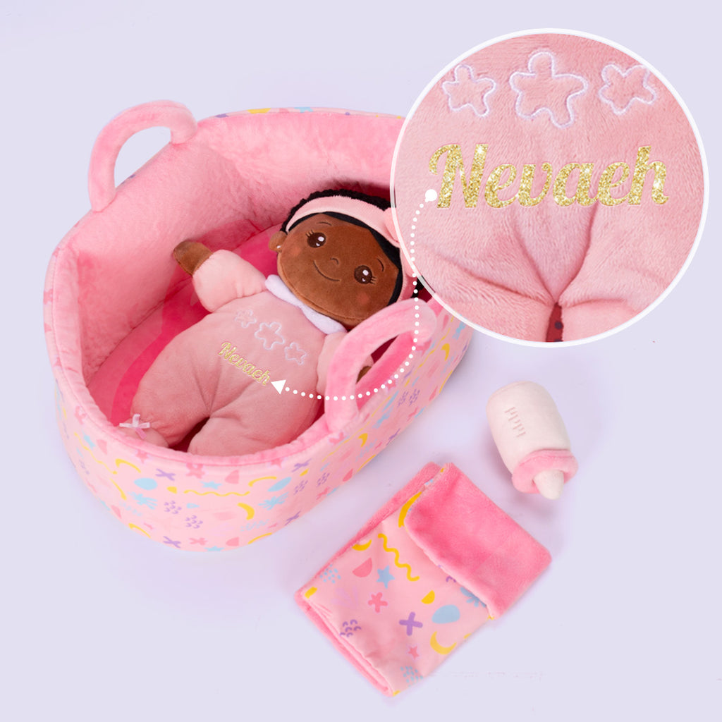 Personalized Pink Deep Skin Tone Mini Plush Baby Girl Doll & Gift Set
