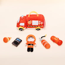 Load image into Gallery viewer, Personalized Baby&#39;s First Fire Truck Plush Sensory Toy Set with 5 Firefighting Supplies