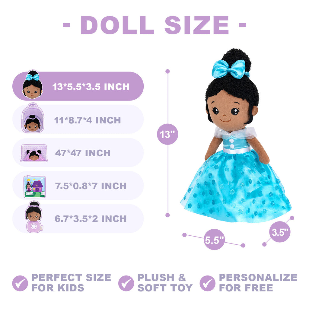 Personalized Deep Skin Tone Plush Blue Princess Doll