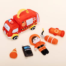 Cargar imagen en el visor de la galería, Personalized Baby&#39;s First Fire Truck Plush Sensory Toy Set with 5 Firefighting Supplies