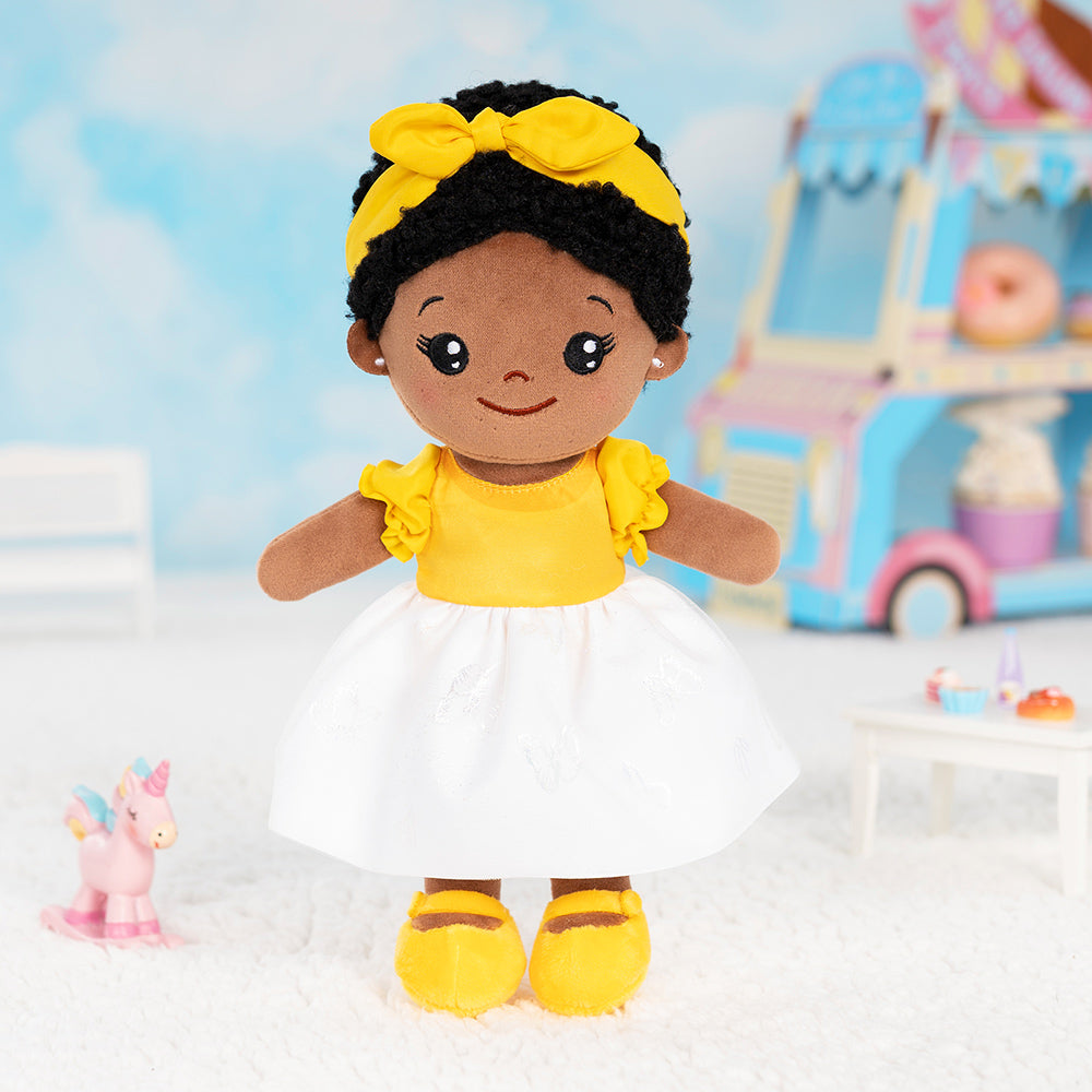 Personalized Yellow Deep Skin Tone Plush Baby Girl Doll