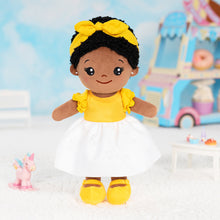 Indlæs billede til gallerivisning Personalized Yellow Deep Skin Tone Plush Baby Girl Doll