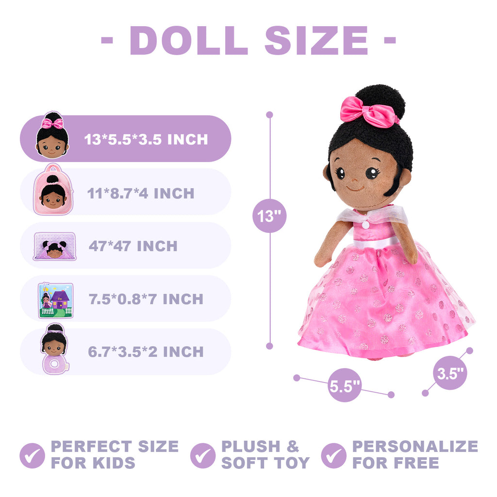 Personalized Deep Skin Tone Plush Pink Princess Doll