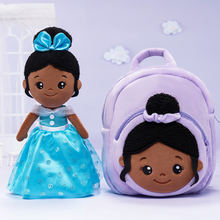 Ladda upp bild till gallerivisning, Personalized Deep Skin Tone Plush Blue Princess Doll + Backpack