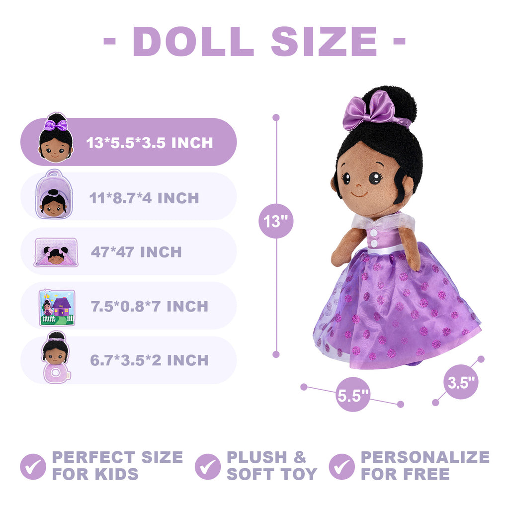 Bambola principessa viola in peluche con tonalità della pelle profonda personalizzata
