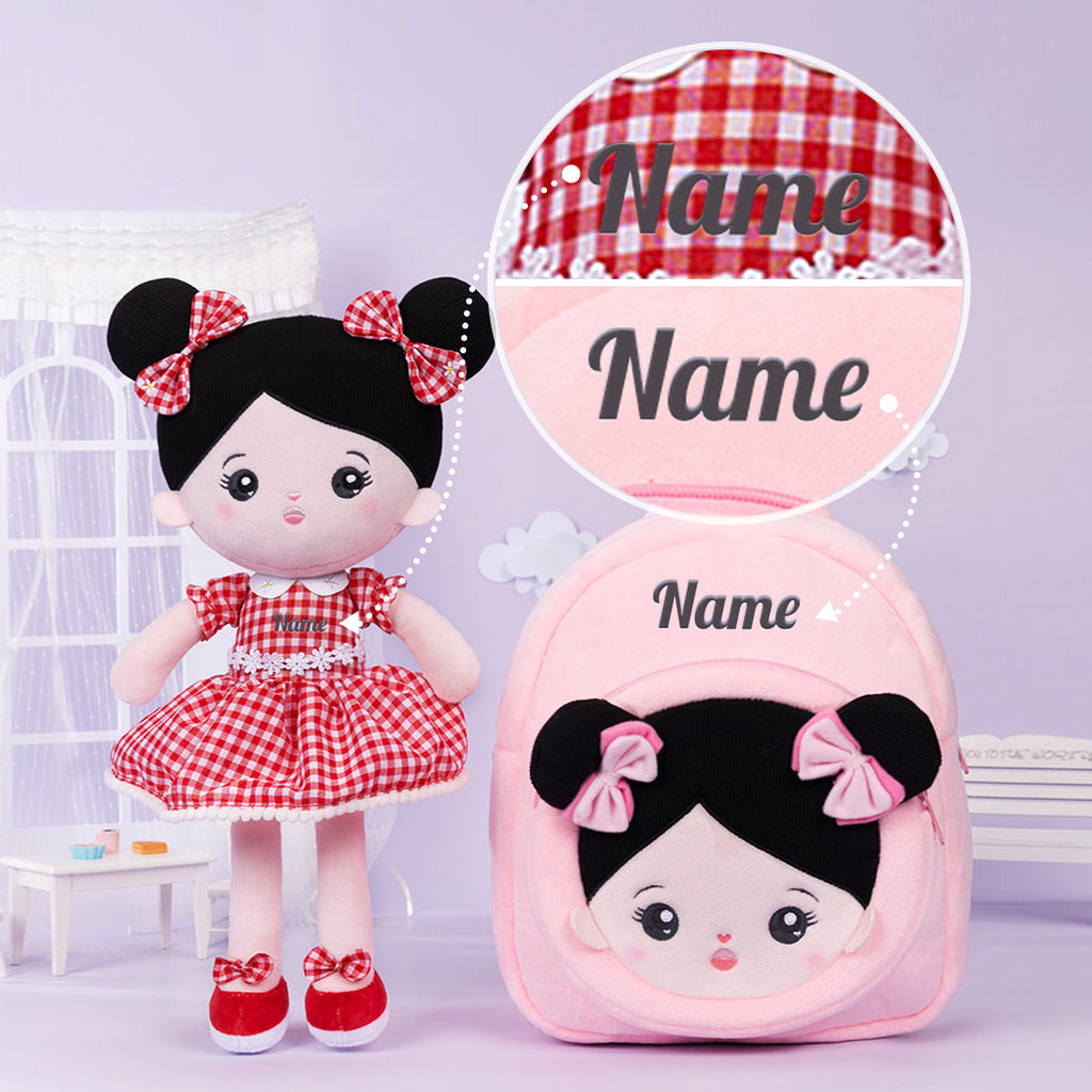 Bambola personalizzata della neonata della peluche del vestito dal plaid rosso dei capelli neri