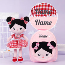 Afbeelding in Gallery-weergave laden, Personalized Black Hair Red Plaid Dress Plush Baby Girl Doll