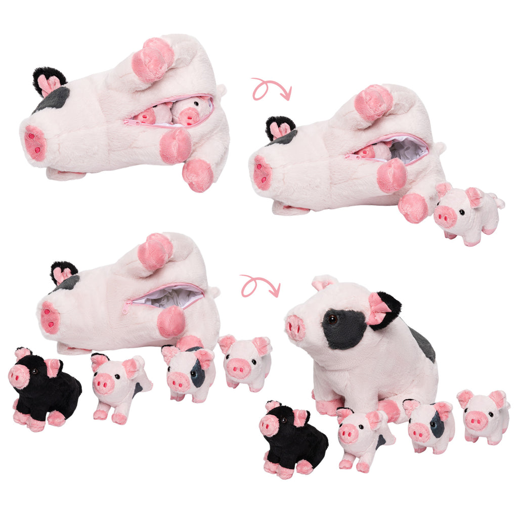 Spotted Pig Family Plush Toy, with 4 cute plush piglets inside