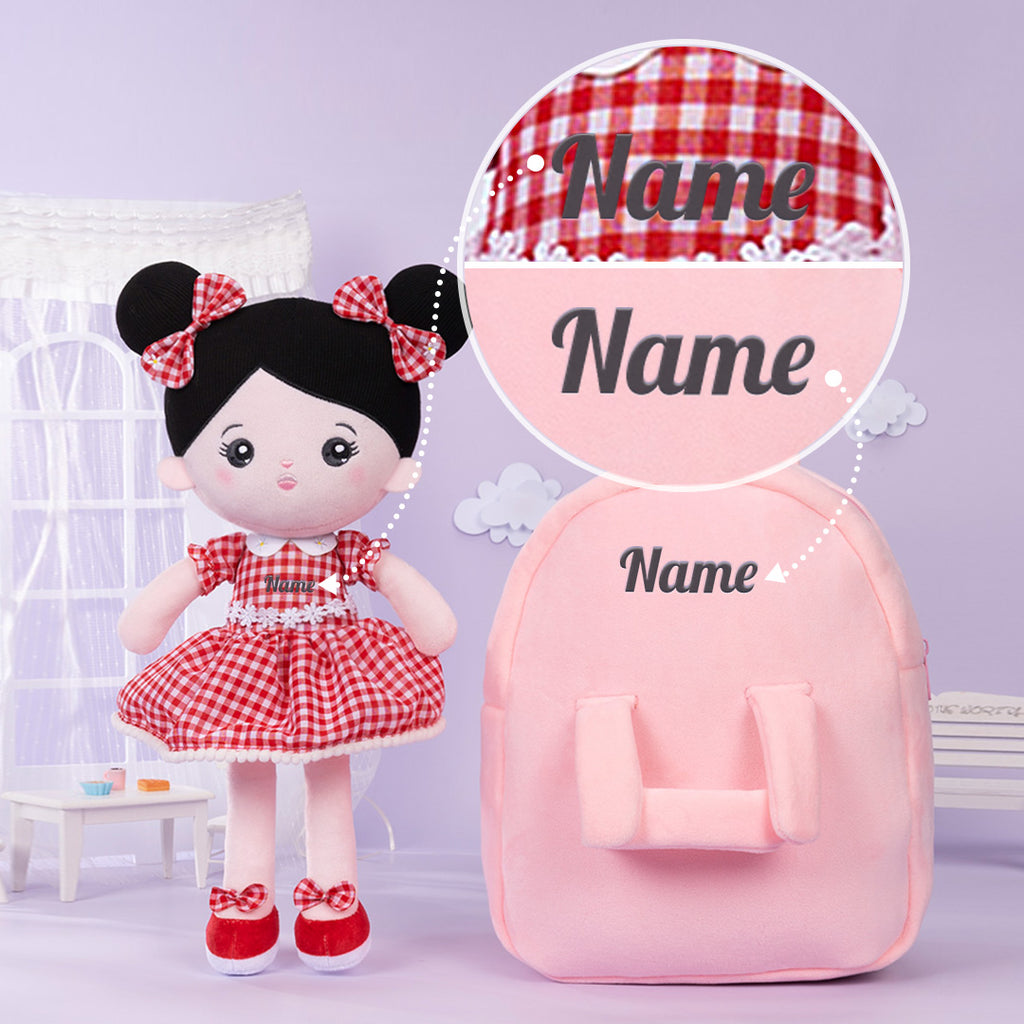 Bambola personalizzata della neonata della peluche del vestito dal plaid rosso dei capelli neri