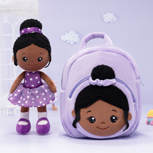 Cargar imagen en el visor de la galería, Personalized Deep Skin Tone Plush Nevaeh Purple Doll + Backpack