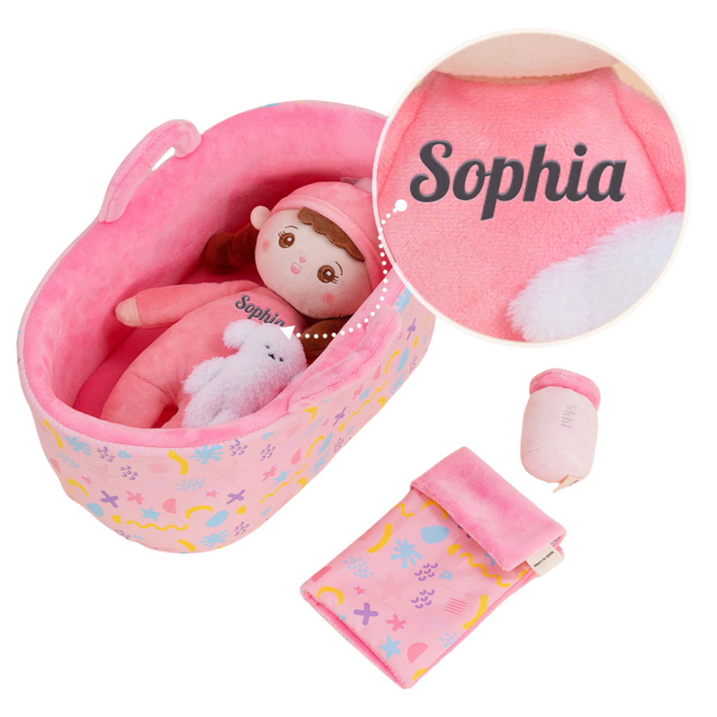 Personalized 10 Inch Plush Girl Doll Bassinet Gift Set