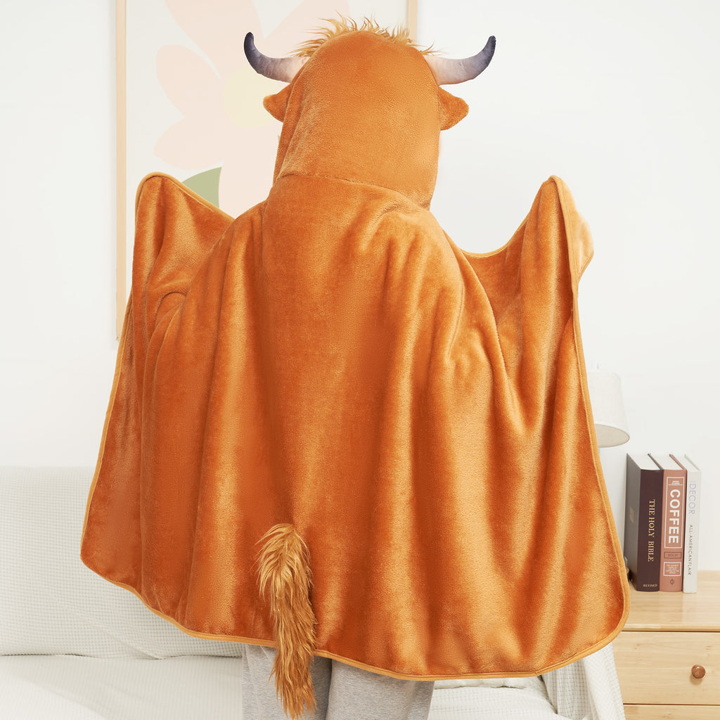 Scottish Highland Cow Cattle Wearable Hooded Blanket for Kid