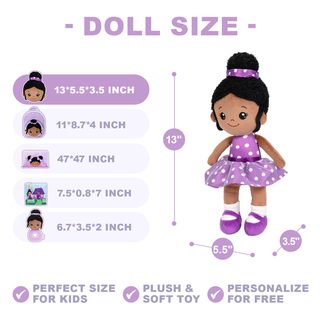 Personalized Deep Skin Tone Plush Nevaeh Purple Doll + Backpack