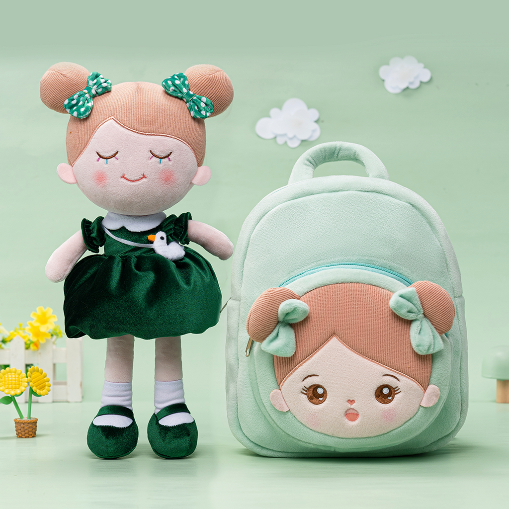 Bambola e zaino verde scuro personalizzati