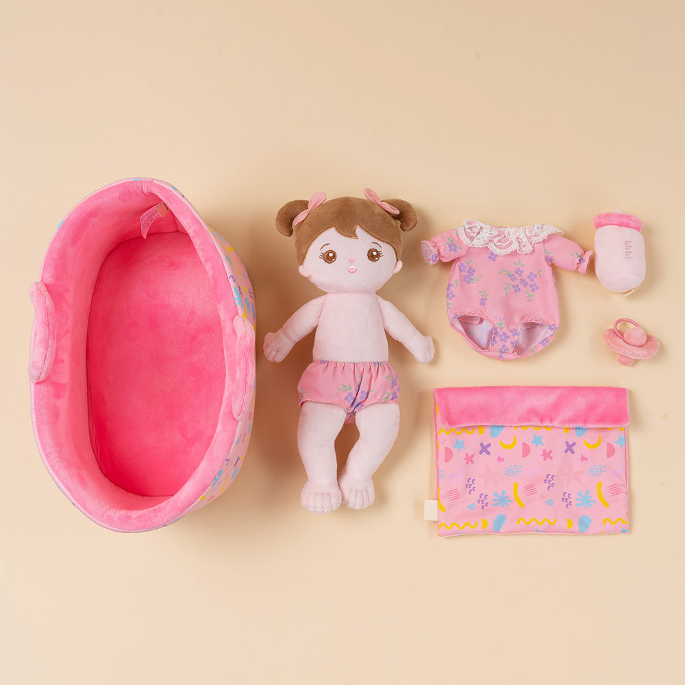 Bambola da bambina rosa personalizzata con posizione seduta in peluche