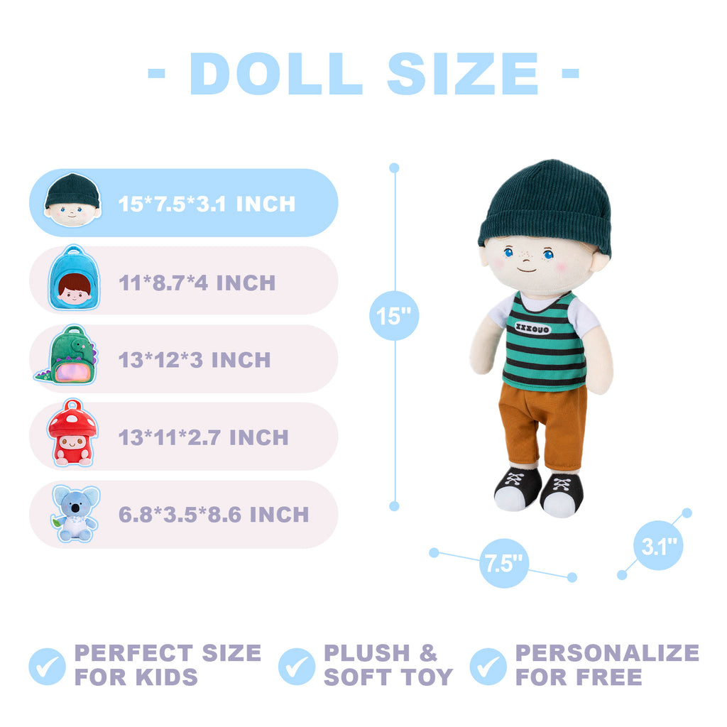 Muñeca de niño con cara de pecas y ojos azules personalizada