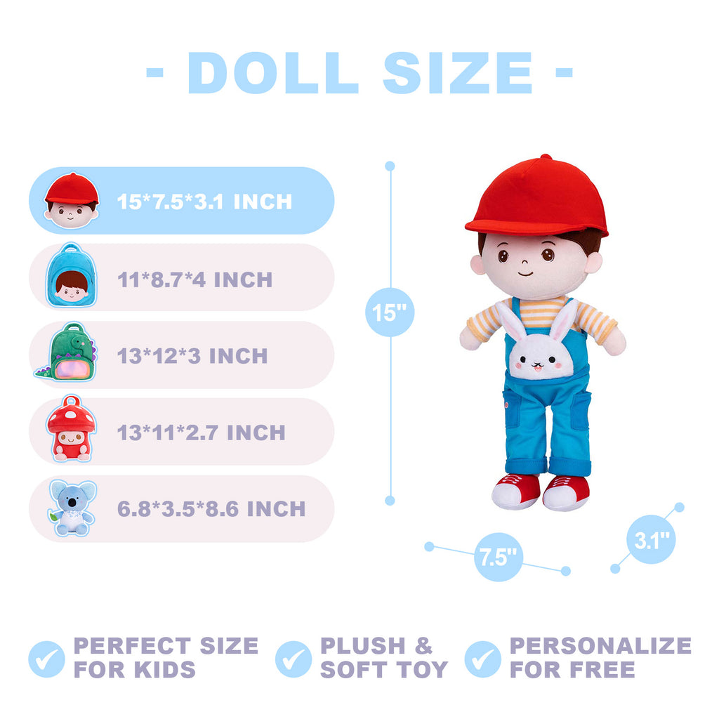 Personalized Rabbit Overalls Plush Baby Boy Doll + Backpack