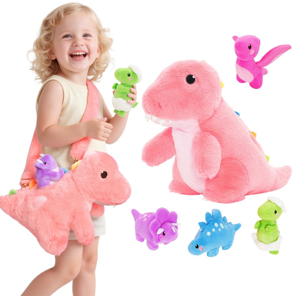 Pink T Rex Dinosaur Plush Toy with Babies, with Crossbody Strap