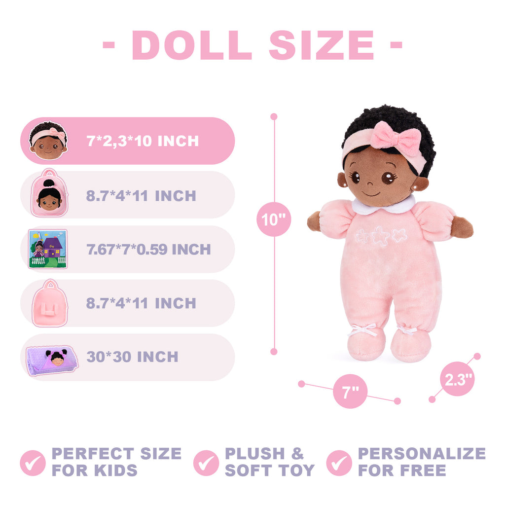 Personalized Pink Deep Skin Tone Mini Plush Baby Girl Doll & Gift Set