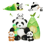 Panda Mommy Plush Stuffed Animal with 3 Babies in Bamboo Bag Set