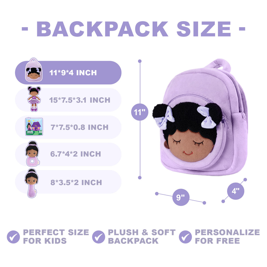 Personalized Deep Skin Tone Purple Doll and Backpack
