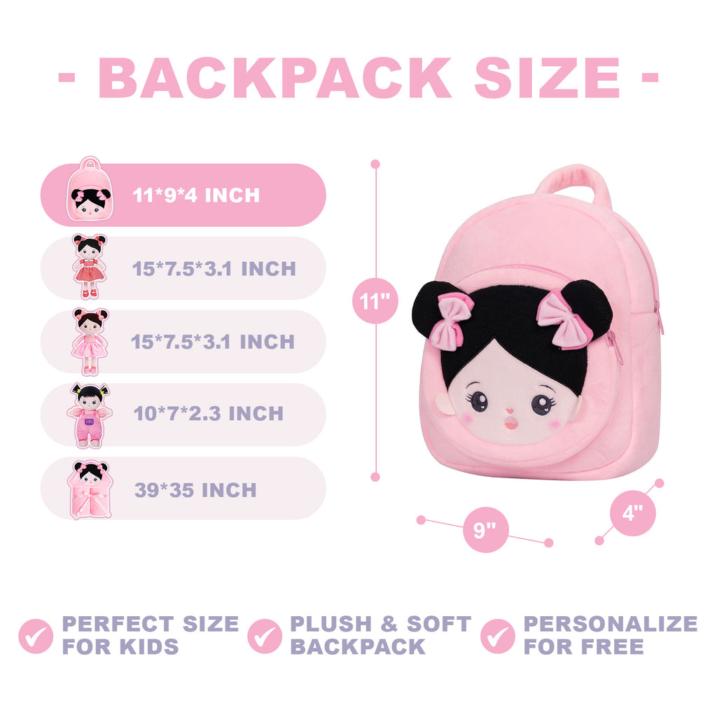 Personalized Black Hair Pink Plush Baby Girl Backpack