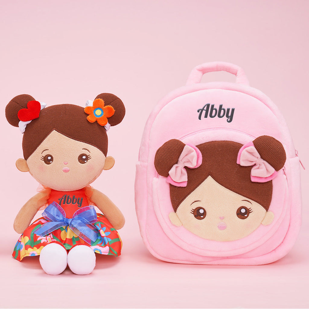 Personalized Plush Pink Backpack with Brown Skin Tone Doll Face