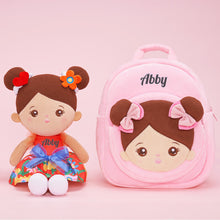 Load image into Gallery viewer, Personalized Plush Pink Backpack with Brown Skin Tone Doll Face