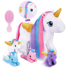 Load image into Gallery viewer, Rapunzelcorn Rainbow Hair Unicorn Mommy Stuffed Animal with 4 Babies Unicorn Inside