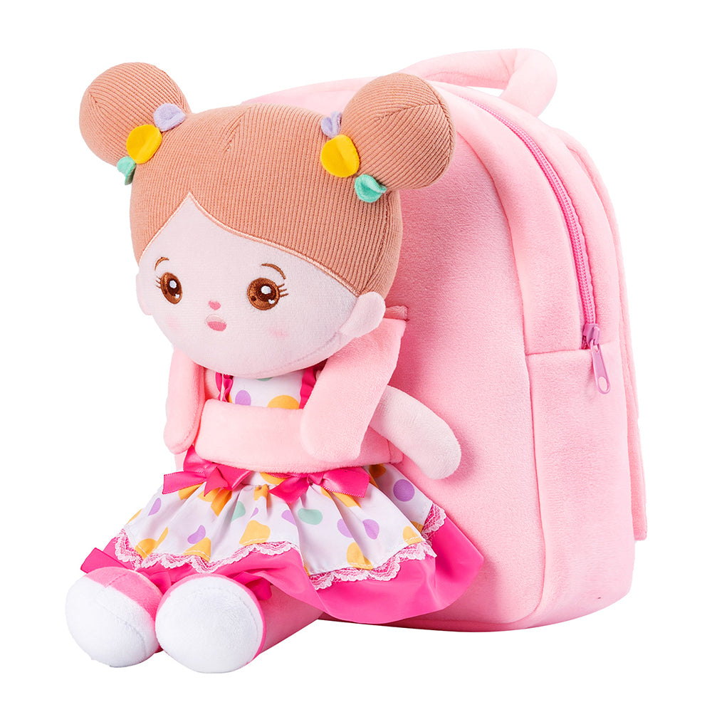 Zaino in peluche rosa personalizzato con porta bambola
