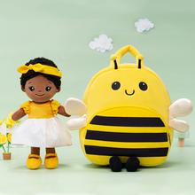 Indlæs billede til gallerivisning Personalized Deep Skin Tone Plush Nevaeh Yellow Doll + Backpack