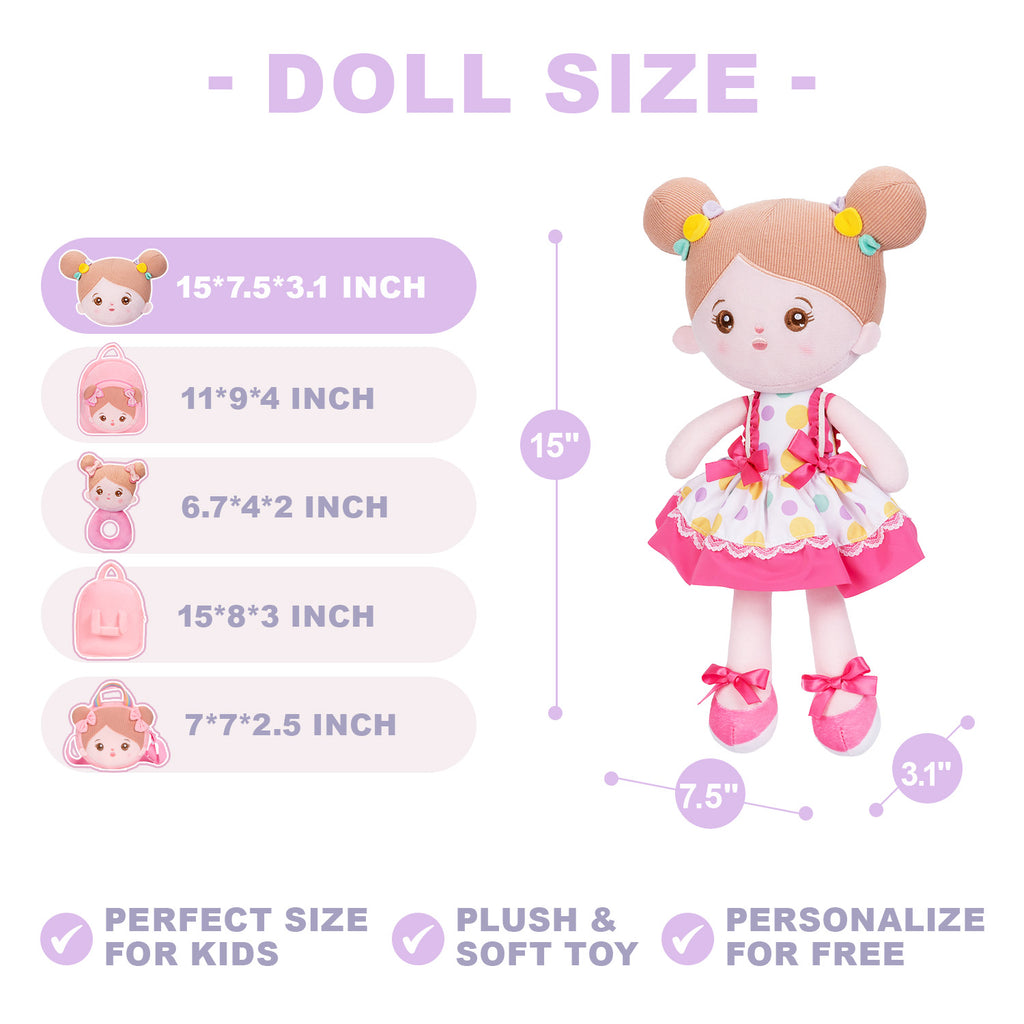 Muñeca bebé de trapo de felpa con falda de lunares rosas personalizada