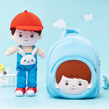 Load image into Gallery viewer, Personalized Rabbit Overalls Plush Baby Boy Doll + Backpack