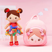 Laden Sie das Bild in den Galerie-Viewer, Personalized Brown Skin Red Flower Girl Doll + Backpack